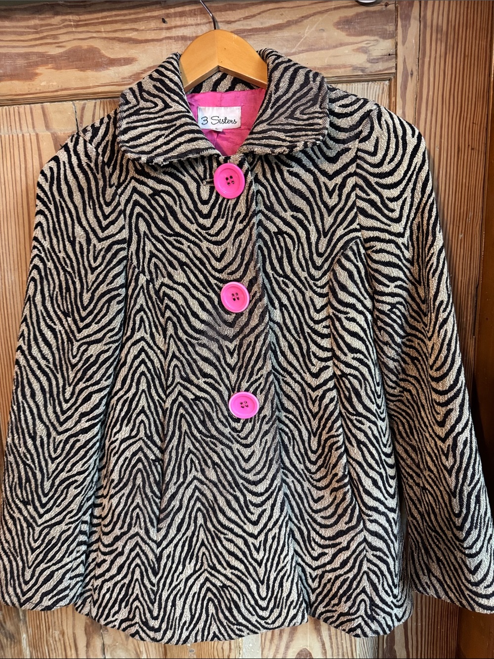 3 Sisters Small Black & tan Cream Zebra print Coat with Pink Buttons